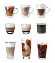 Set with different types of coffee drinks Royalty Free Stock Photo