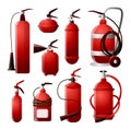 A set of different types of fire extinguishers in red and different shapes. Fire safety. Royalty Free Stock Photo