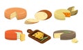 Set of different types of fresh pieces of cheese. Vector illustration in flat cartoon style. Royalty Free Stock Photo