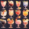 Set of different types of fruit cocktails in glasses. Vector illustration Royalty Free Stock Photo