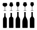 Set of different types of glass and bottle wine white background. Vector black and white wine glass in flat style Royalty Free Stock Photo