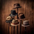 Set of different types of hats on a wooden background