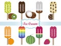 A set of different types of ice cream on a stick. Flat vector illustration of a fruit Popsicle. Poster for a pastry shop Royalty Free Stock Photo