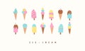 Set of different types of ice creams, cone, sundae, ice cream on stick with fruits