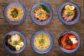 Set of different types of Japanese ramen, tantanmen, shio ramen Royalty Free Stock Photo