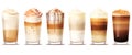 Set of different types of layered coffee drinks or coffee with milk cocktails in tall glasses, white background. Variety of coffee Royalty Free Stock Photo