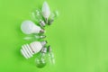 A set of different types of LED lamps isolated on a green background. Energy-saving lamps. Royalty Free Stock Photo