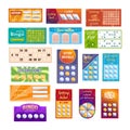 Set of different lottery tickets for drawing money and prizes.