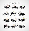 Set different types of name of tea. Hand calligraphy lettering. Vector illustration.