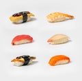 Set of different types of nigiri sushi on a neutral white background. Royalty Free Stock Photo