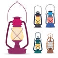 Set of different types of oil lamps in a flat style .