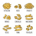 Set pasta. Farfalle, conchiglie, maccheroni, fusilli, penne, pipe rigate. Engraving Royalty Free Stock Photo