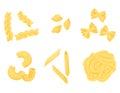 A set of different types of pasta. Penne, farfalle, fettuccine, conchiglie, gomiti rigatti, fusilli. Flat, cartoon style