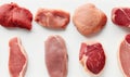 Set of different types of raw meat. Top view on the table. White background. AI generated. Royalty Free Stock Photo