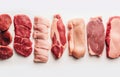 Set of different types of raw meat. Top view on the table. White background. AI generated. Royalty Free Stock Photo