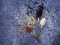 Set of different types rice on grey background: white glutinous, black, basmati, brown and mixed rice. Healthy concept. Top view. Royalty Free Stock Photo