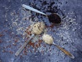 Set of different types rice on grey background: white glutinous, black, basmati, brown and mixed rice. Healthy concept. Top view. Royalty Free Stock Photo