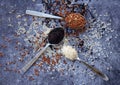 Set of different types rice on grey background: white glutinous, black, basmati, brown and mixed rice. Healthy concept. Top view. Royalty Free Stock Photo