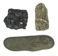Black Volcanic Rock, Green Oblong Porous Pebble and Mineral Rock on a White Background.