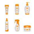 Set of different types of sunscreen bottles