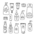 Set of different types of sunscreen. Vector illustration in doodle style. Isolated on a white background