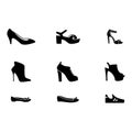 Set with different types of trend women`s shoes: ballets, sneakers, boots, flats,. Flat vector illustration Royalty Free Stock Photo
