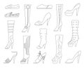 Set with different types of trend womens shoes ballets, sneakers, boots, flats, pumps, converse. Flat vector Royalty Free Stock Photo