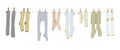 Set of different types underwear and socks hanging on a clothesline. Cute kid vector flat illustration.