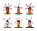 Set of different types of windmills white background. Vector cvintage stone and wooden windmills for grinding wheat grains to Royalty Free Stock Photo