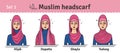 Muslim headwear guide. The set of different types of women headscarves. Vector icon colorful illustration. Set 1.