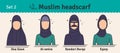 Muslim headwear guide. The set of different types of women headscarves. Vector icon colorful illustration. Set 2.