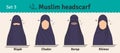 Muslim headwear guide. The set of different types of women headscarves. Vector icon colorful illustration. Set 3.