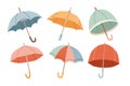 Set of different Umbrellas. Open umbrellas. Various prints. Hand drawn colored Vector illustration. Flat style. Royalty Free Stock Photo