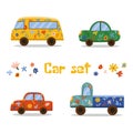 Set of different vector colorful cars and floral elements isolated on white background. Hand drawn vector illustration. Royalty Free Stock Photo