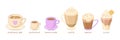 Set of different vector illustrations of coffee. Beautiful mugs with different types of coffee.