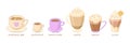 Set of different vector illustrations of coffee. Beautiful mugs with different types of coffee. Royalty Free Stock Photo