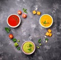 Set of different vegetable cream soups Royalty Free Stock Photo