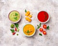 Set of different vegetable cream soups Royalty Free Stock Photo