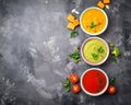 Set of different vegetable cream soups Royalty Free Stock Photo