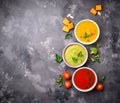 Set of different vegetable cream soups Royalty Free Stock Photo