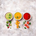 Set of different vegetable cream soups Royalty Free Stock Photo