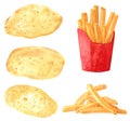 Set of different vegetables, hand drawn watercolor illustration. Potato and french fries Royalty Free Stock Photo