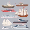 Set of different vessels. Sea boats and other big ships. Vector illustrations in flat style