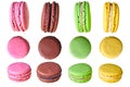 Set of different view of four macaroons with varied colors and taste