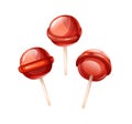 Set of different views of red lollipop on a stick.