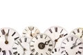 Set of different vintage clocks isolated on white