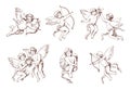 Set of different vintage cupid. Various flying angels with arrows and bow collection. Vector monochrome amur hand drawn