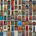 Set of different vintage entrance doors made from wood or metal, collage