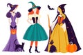Set of different vintage halloween costume of witches, vector illustration