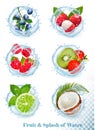 Set of different water splashes with fruit and berries. Blueberry, lychee,